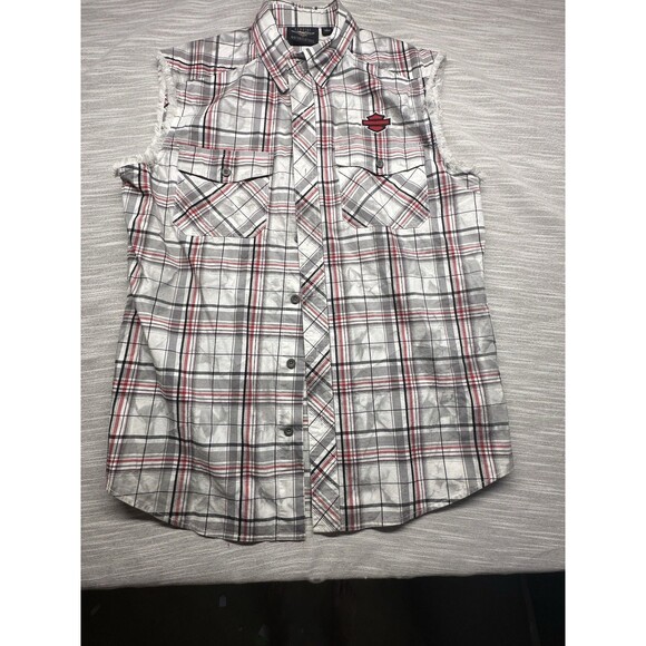 Harley-Davidson Men's Bar & Shield Plaid  Red  Sleeveless Raw Hem Size Large - Picture 1 of 8